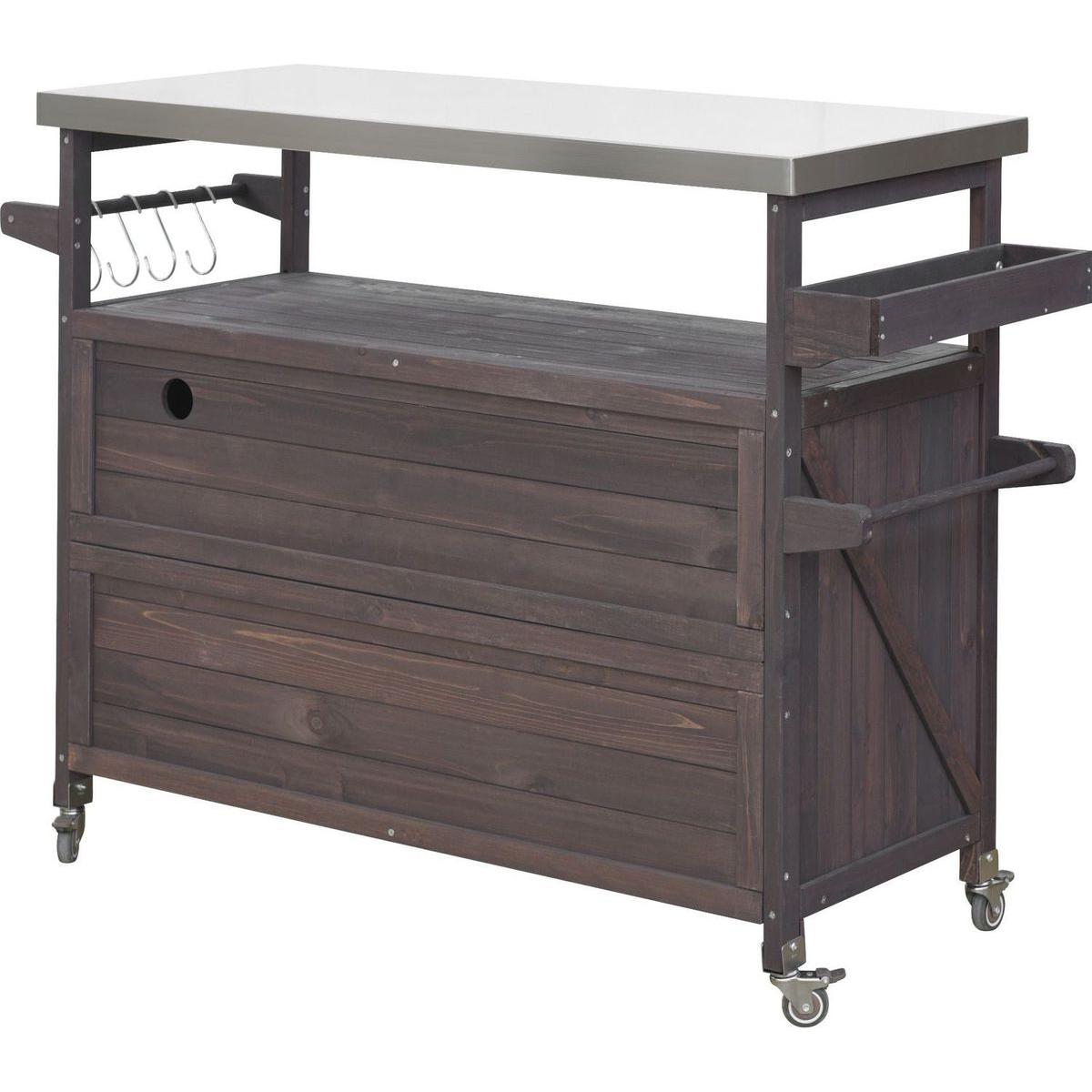 Outdoor Kitchen Island, Rolling Bar Cart & Storage Cabinet, Farmhouse Solid Wood Outdoor Grill Table with Stainless Steel Top, Spice Rack, Towel Rack for Kitchen & Barbecue, Dark Brown