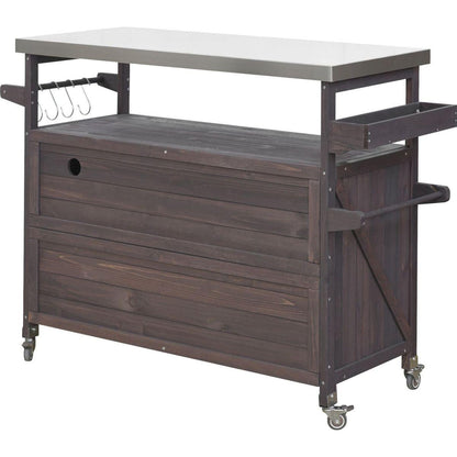 Outdoor Kitchen Island, Rolling Bar Cart & Storage Cabinet, Farmhouse Solid Wood Outdoor Grill Table with Stainless Steel Top, Spice Rack, Towel Rack for Kitchen & Barbecue, Dark Brown