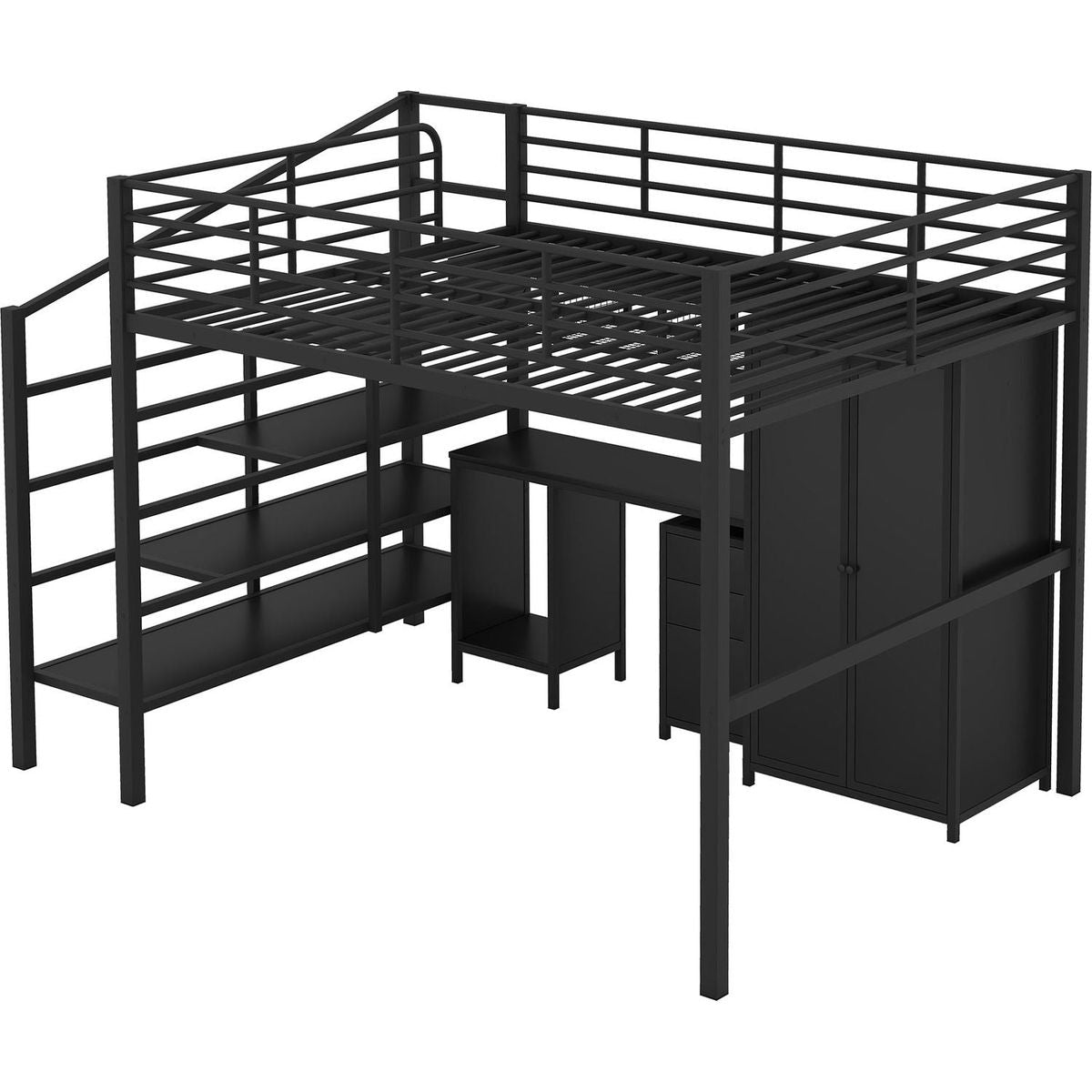 Metal Loft Bed With table set and wardrobe, Full, Black