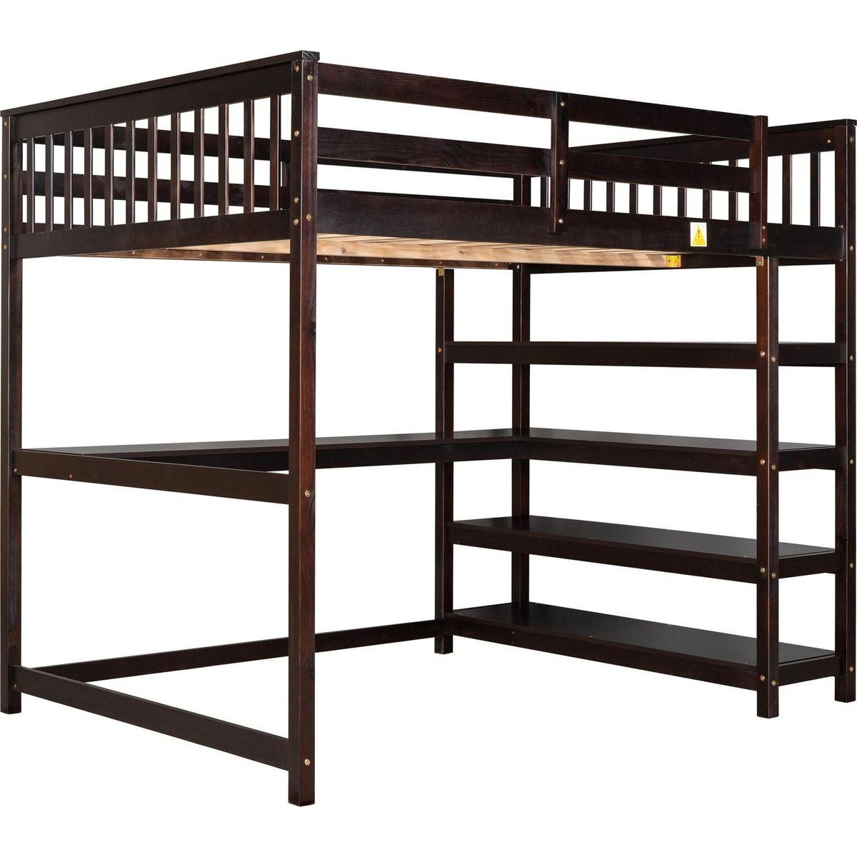 Full Size Loft Bed with Storage Shelves and Under-bed Desk, Espresso