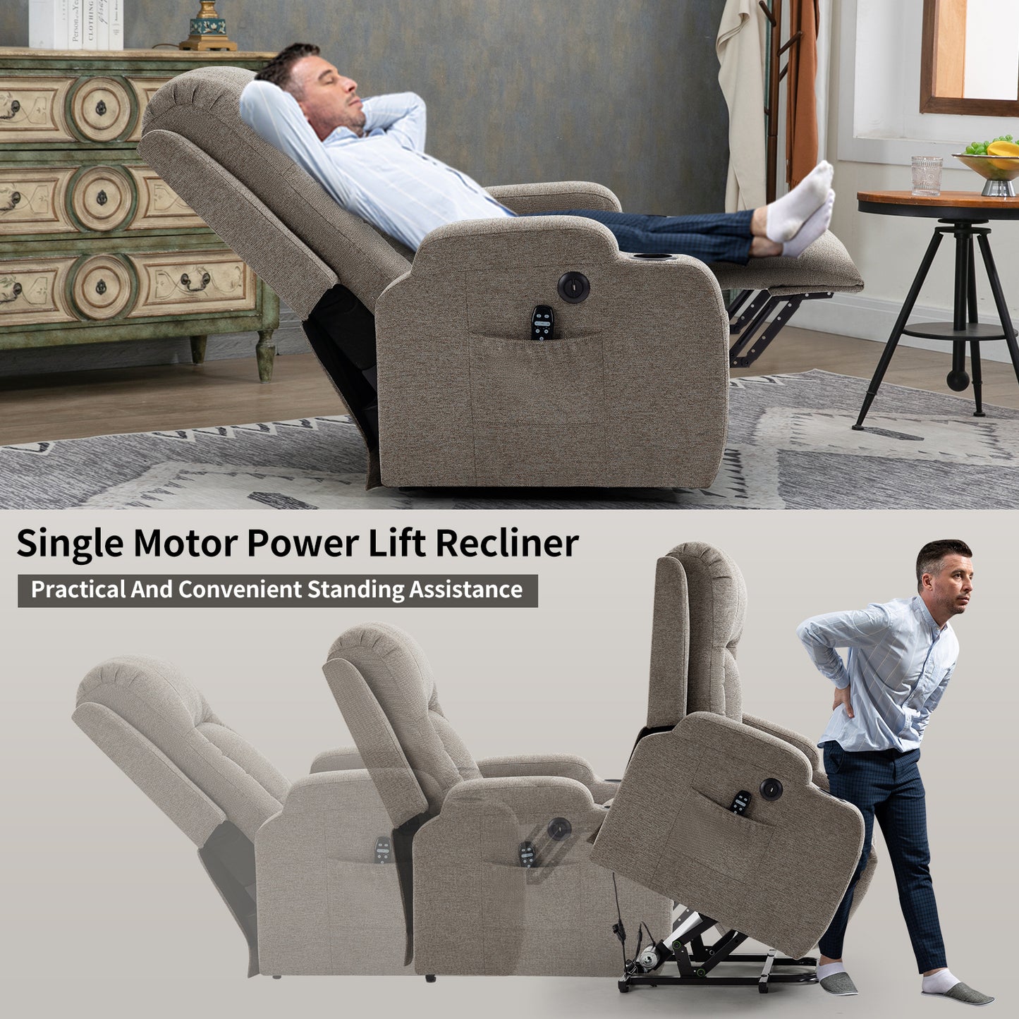 Infinite Position Single Motor Up to 350 LBS Power Lift Recliner Chair for Elderly, Heavy Duty Motion Mechanism with 8-Point Vibration Massage and Lumbar Heating, USB Charging Port, Cup Holders, Brown