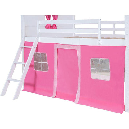 Full Size Bunk Wood House Bed with Elegant Windows, Sills and Tent, Pink+White