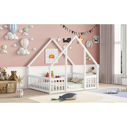 Full Wood House-Shaped Floor Bed with Fence, Guardrails,White