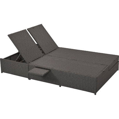 Outdoor Double Sunbed, Wicker Rattan Patio Reclining Chairs with Adjustable Backrest and Seat, Conversational Set for 2 Person, Gray