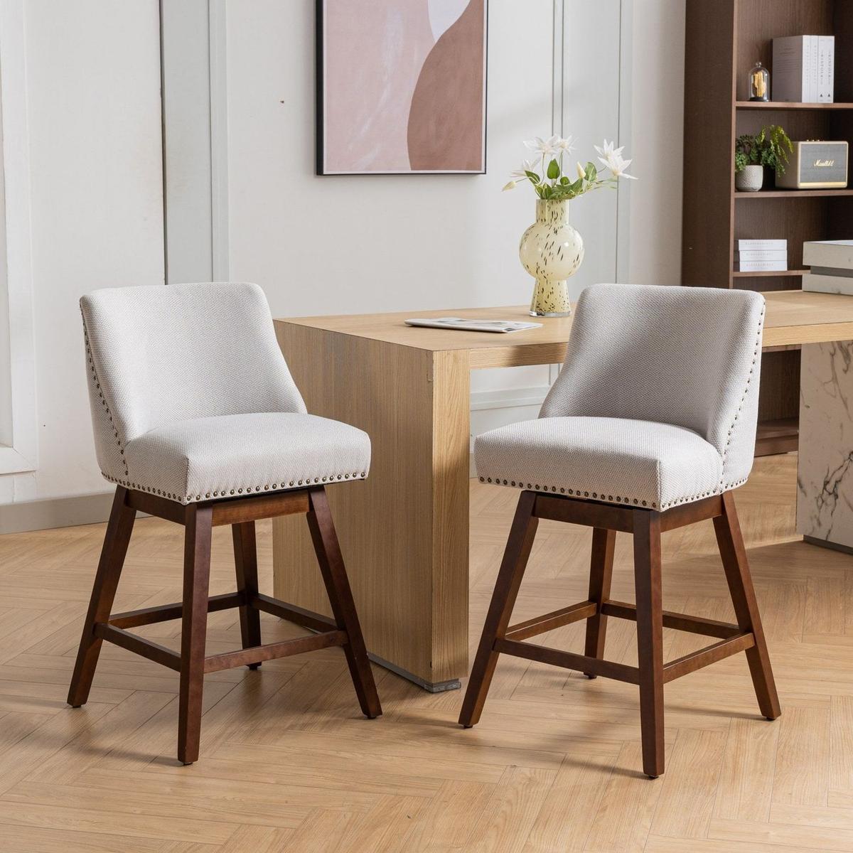 Counter Height Swivel Barstools, 26" H Seat Height Upholstered Bar Stools Set of 2, Fabric in Ivory - Streamdale Furniture
