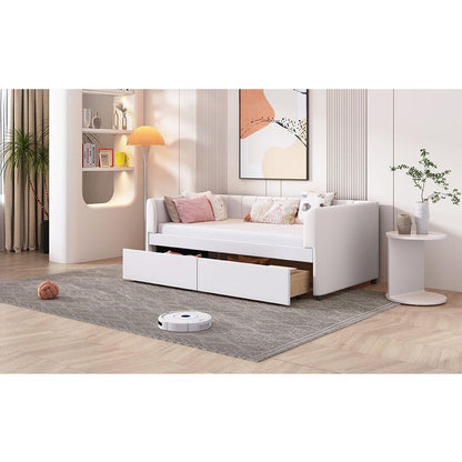 Twin Size Upholstered Daybed with Ergonomic Design Backrest and 2 Drawers, Beige