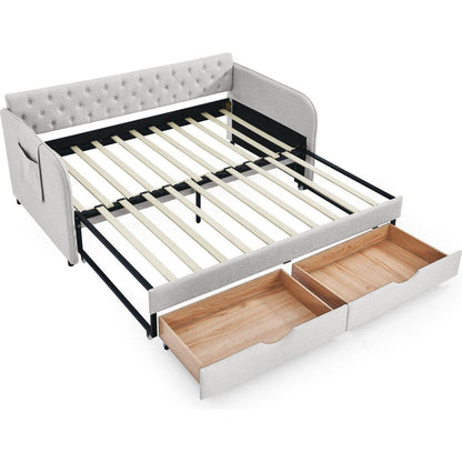 Twin Size Upholstery Daybed with Trundle Bed and Two Storage Drawers, Flat Arms with Pocket, Extendable Daybed for Bedroom Living Room,Linen Beige