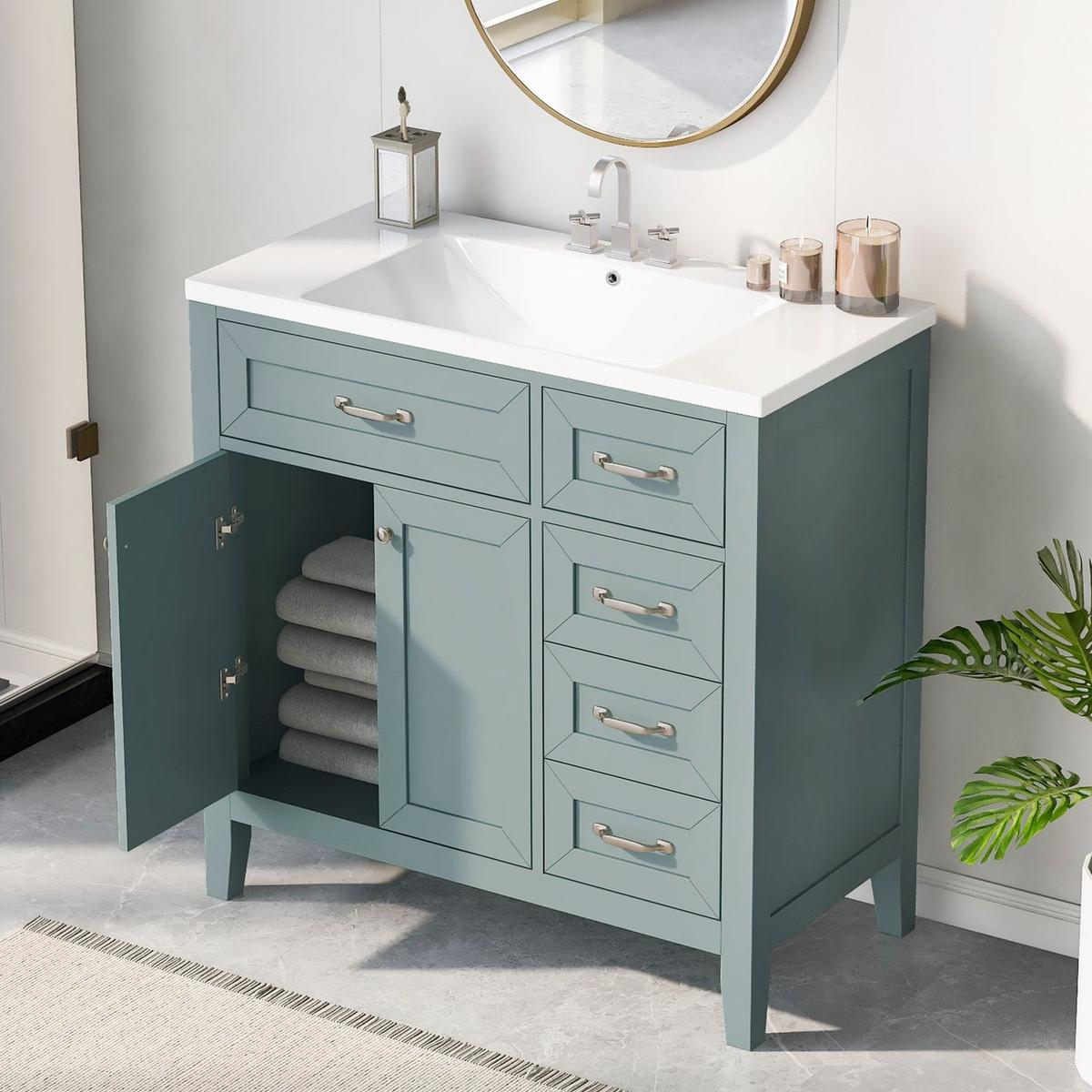 36" Bathroom Vanity with Sink Combo, Green Bathroom Cabinet with Drawers, Solid Frame and MDF Board