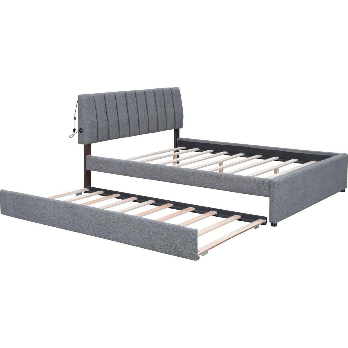 Teddy Fleece Queen Size Upholstered Platform Bed with Trundle, Gray