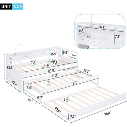Twin XL Wood Daybed with 2 Trundles, 3 Storage Cubbies, 1 Light for Free and USB Charging Design, White