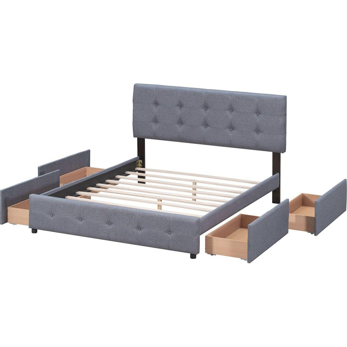 Upholstered Platform Bed with Classic Headboard and 4 Drawers, No Box Spring Needed, Linen Fabric, Queen Size Dark gray
