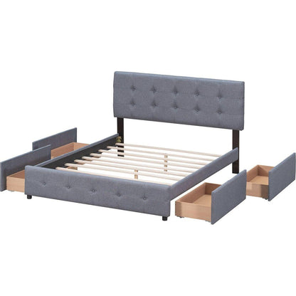 Upholstered Platform Bed with Classic Headboard and 4 Drawers, No Box Spring Needed, Linen Fabric, Queen Size Dark gray
