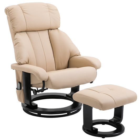 Massage Recliner Chair with Ottoman, 360 Swivel Recliner and Footstool, 10 Point Vibration, PU Leather Reclining Chair with Side Pocket and Remote Control, Beige