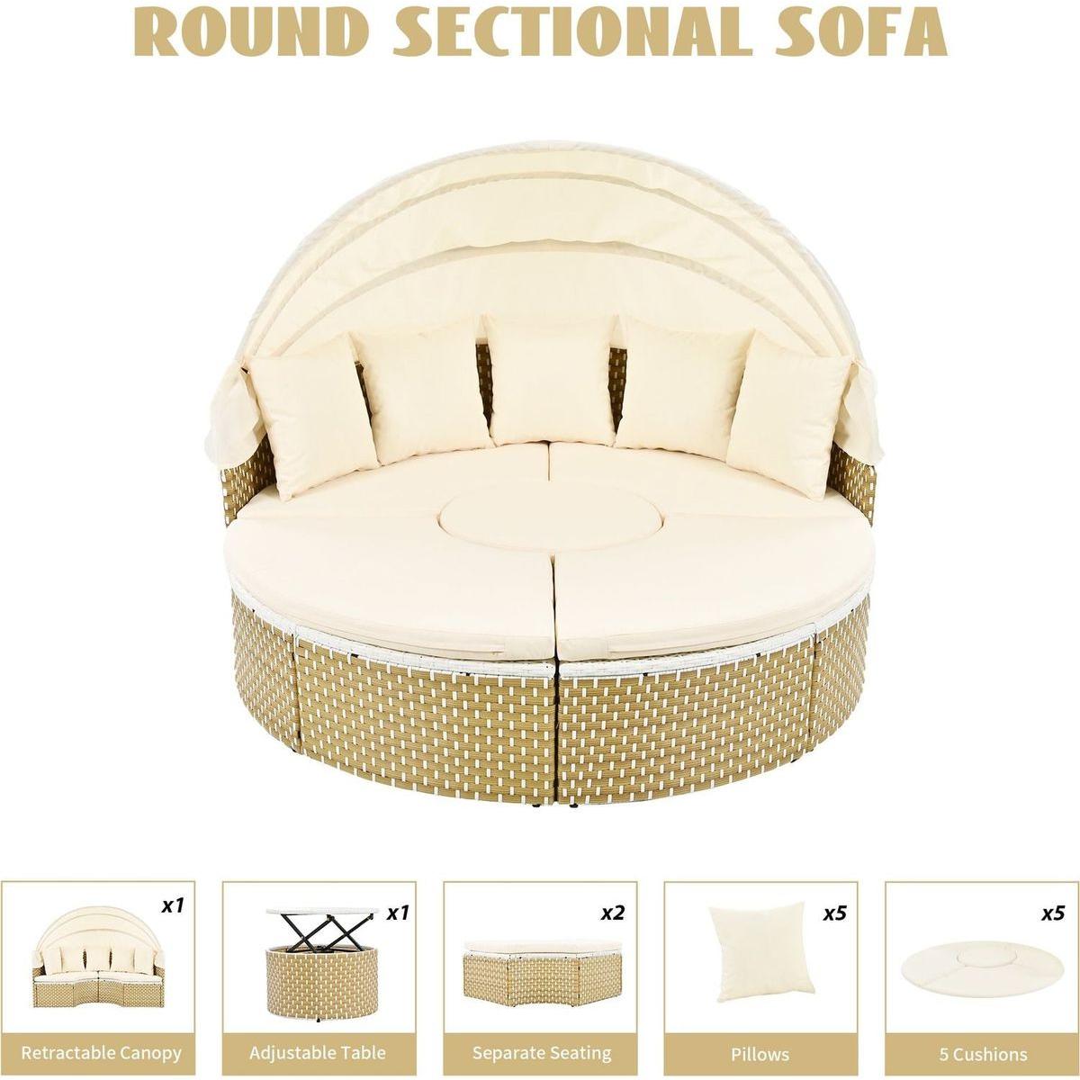 Patio Furniture Round Outdoor Sectional Sofa Set Rattan Daybed Two-Tone Weave Sunbed with Retractable Canopy, Separate Seating and Removable Cushion, Beige