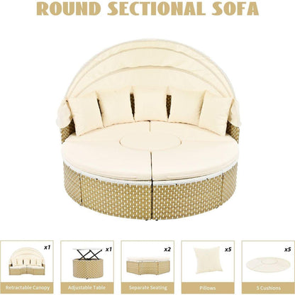 Patio Furniture Round Outdoor Sectional Sofa Set Rattan Daybed Two-Tone Weave Sunbed with Retractable Canopy, Separate Seating and Removable Cushion, Beige
