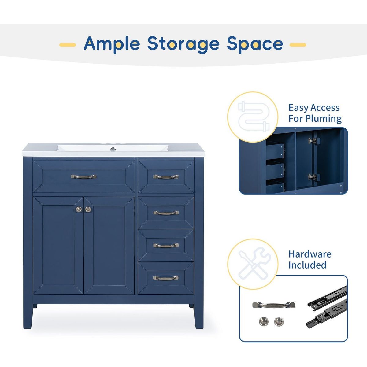 36" Bathroom Vanity with Sink Combo, Blue Bathroom Cabinet with Drawers, Solid Frame and MDF Board