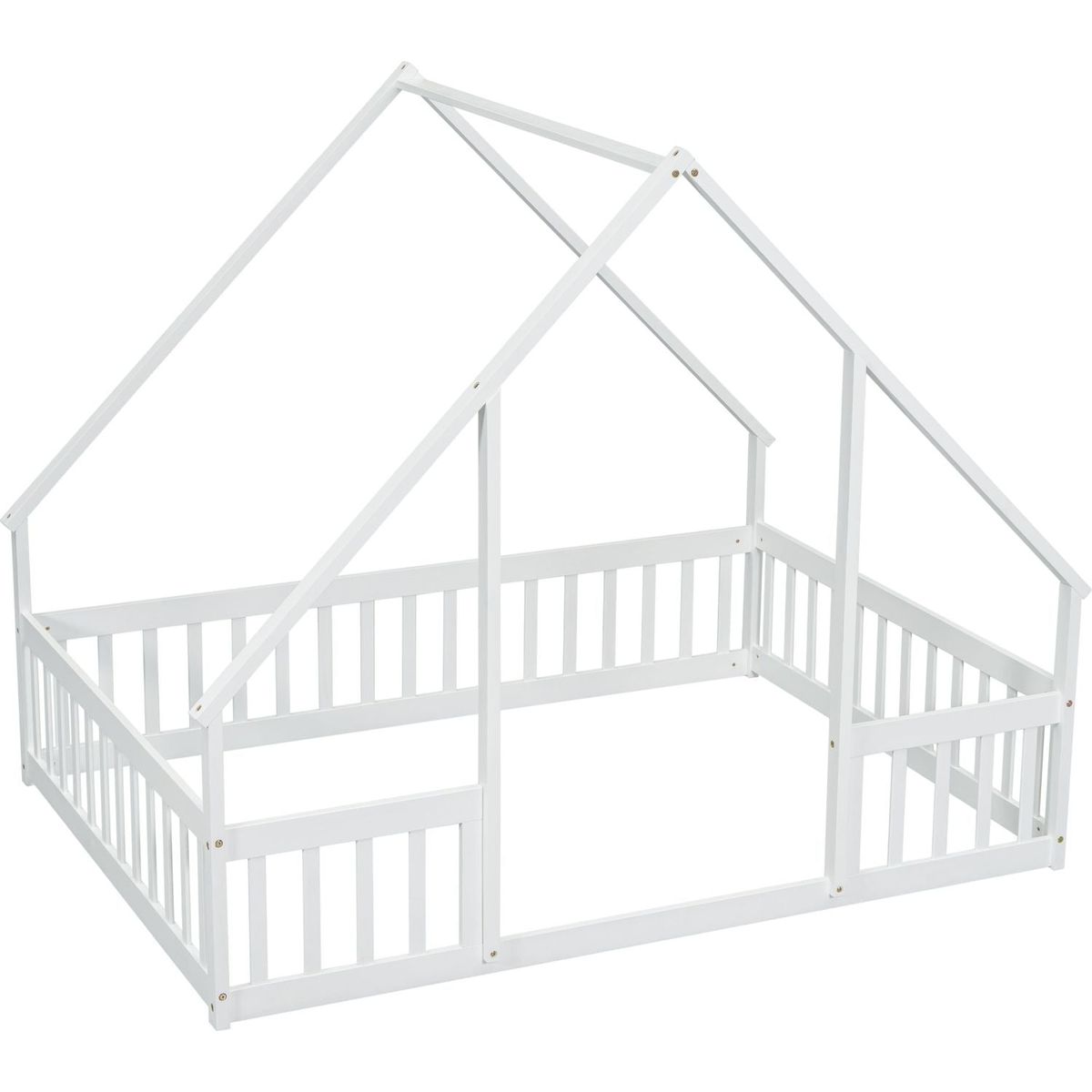 Full Wood House-Shaped Floor Bed with Fence, Guardrails,White
