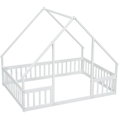 Full Wood House-Shaped Floor Bed with Fence, Guardrails,White