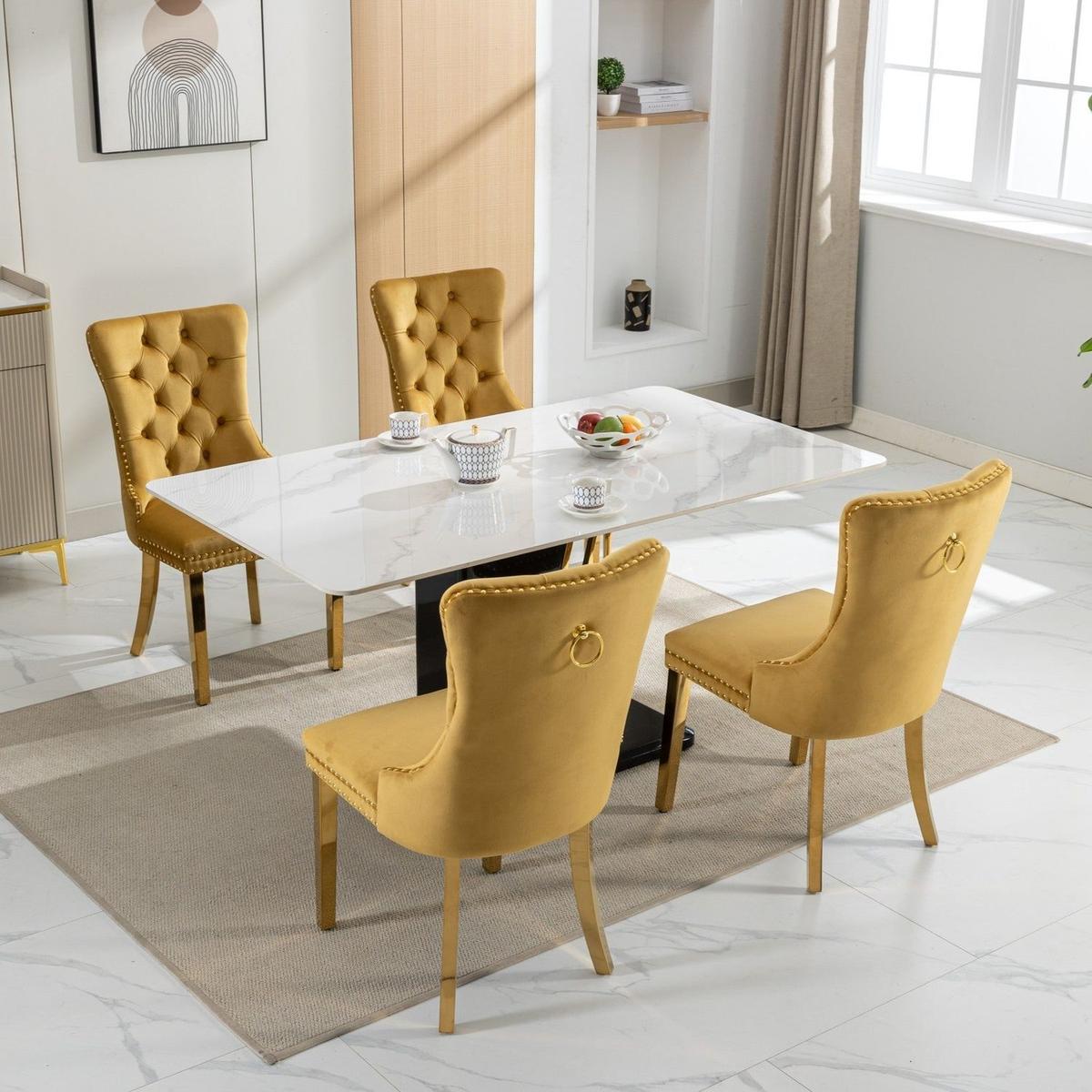 Nikki Collection Modern, High-end Tufted Solid Wood Contemporary Velvet Upholstered Dining Chair with Golden Stainless Steel Plating Legs,Nailhead Trim,Set of 2,Gold