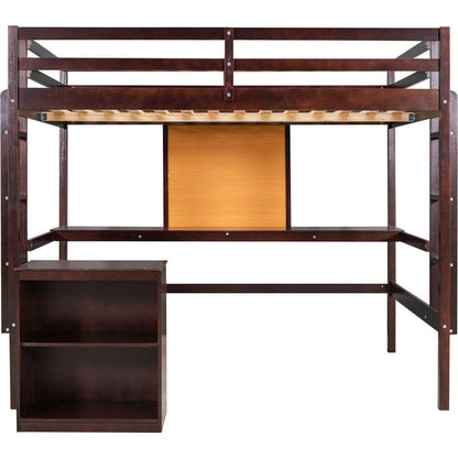 Twin size Loft Bed with Desk and Writing Board, Wooden Loft Bed with Desk & 2 Drawers Cabinet- Espresso
