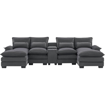 123x55" Modern U-shaped Sofa with Console,Cupholders and USB Ports,6-seat Upholstered Symmetrical Indoor Furniture,Sleeper Couch Set with Chaise for Living Room,Apartment,2 Colors