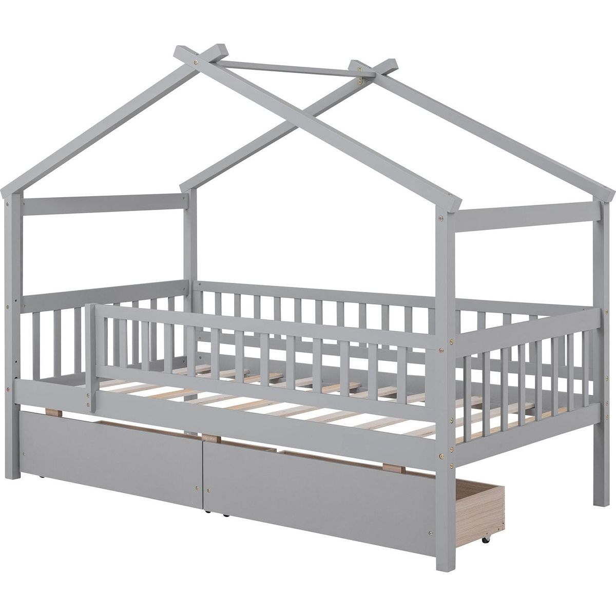 Twin Size Wooden House Bed with Two Drawers, Gray