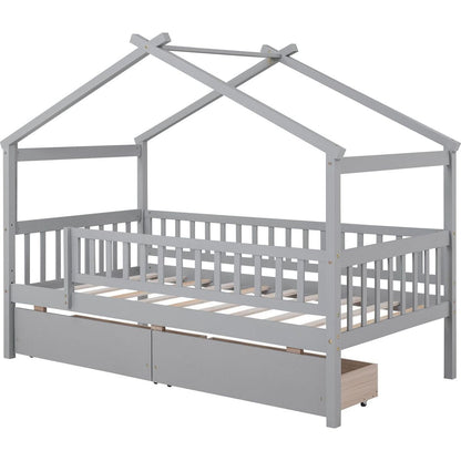 Twin Size Wooden House Bed with Two Drawers, Gray