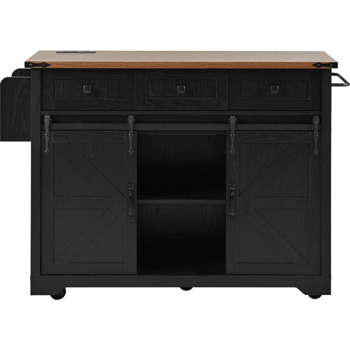 53.7" Farmhouse Kitchen Island with Power Outlet, 2 Sliding Barn Door Kitchen Storage Island with Drop Leaf, Spice Rack Rolling Kitchen Cart on Wheels, for Home, Kitchen and Dining Room, Black