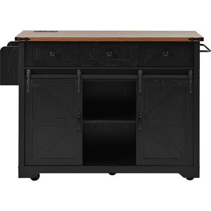 53.7" Farmhouse Kitchen Island with Power Outlet, 2 Sliding Barn Door Kitchen Storage Island with Drop Leaf, Spice Rack Rolling Kitchen Cart on Wheels, for Home, Kitchen and Dining Room, Black