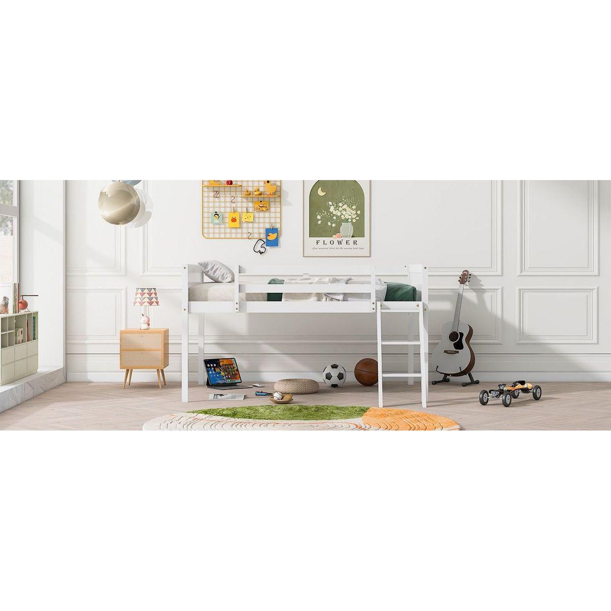 Full Size Wood Low Loft Bed with Ladder, ladder can be placed on the left or right, White(O