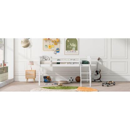 Full Size Wood Low Loft Bed with Ladder, ladder can be placed on the left or right, White(O