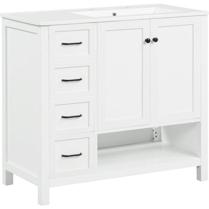 36" Bathroom Vanity with Sink Top, Bathroom Vanity Cabinet with Two Doors and Two Drawers, Solid Wood, Open shelf, MDF Boards, One Package, White