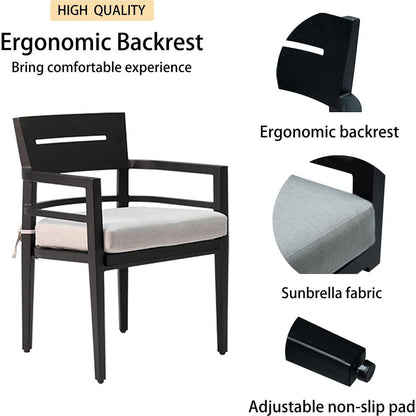 5-Piece Outdoor Patio Aluminum Furniture, Modern Dining Set, including 4 Dining Chairs Sunbrella Fabric Cushioned and 40" Square Dining Table with Umbrella Hole, Ember Black