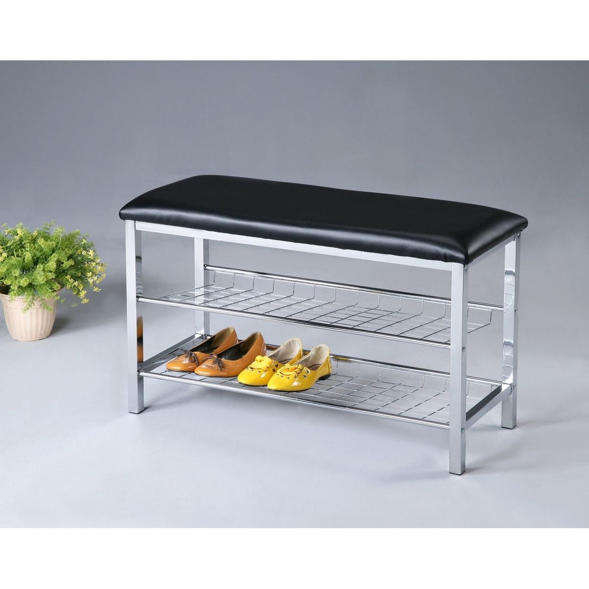 Metal Shoe Bench with Black Faux Leather Seat, Silver