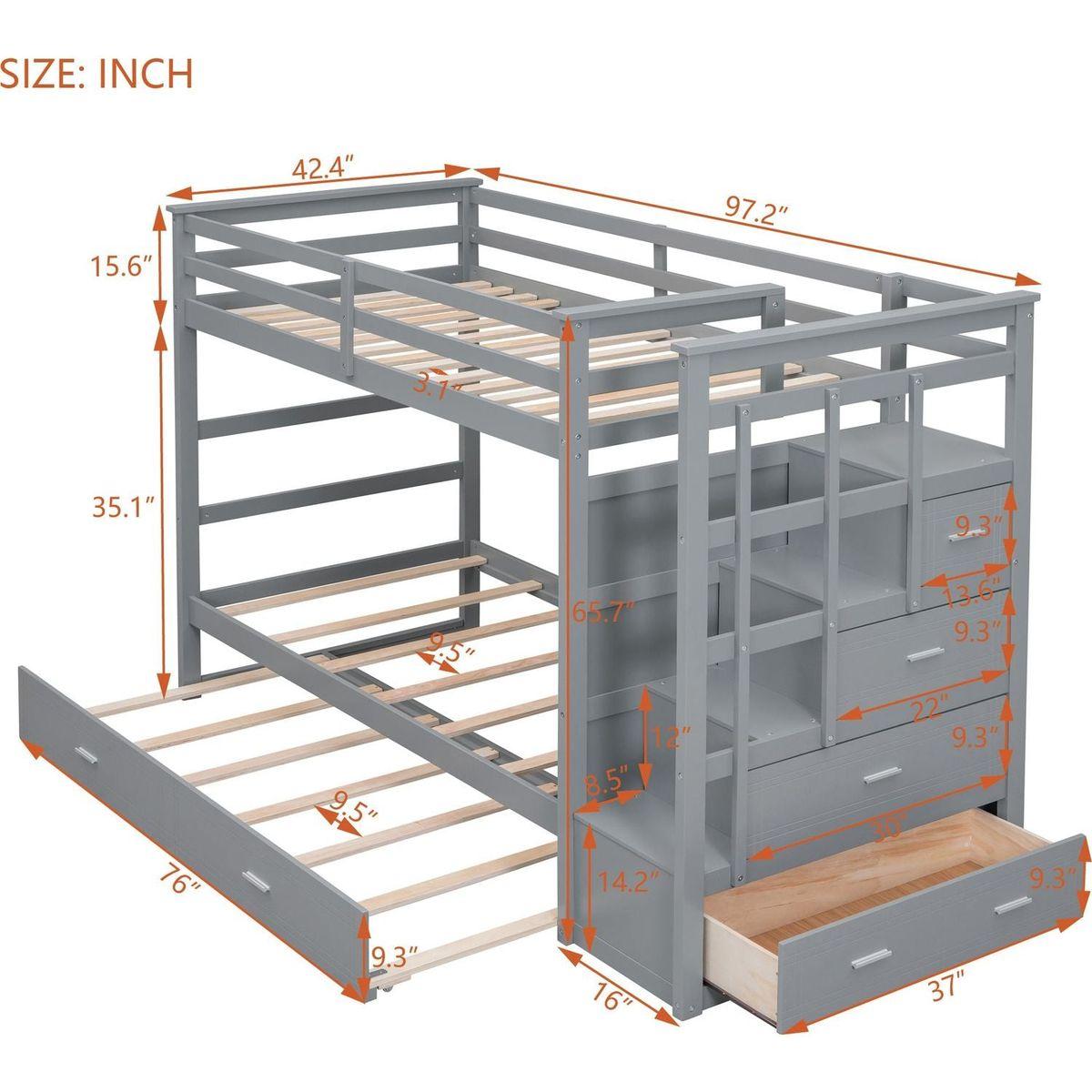 Twin Over Twin Bunk Bed with Trundle and Staircase,Gray