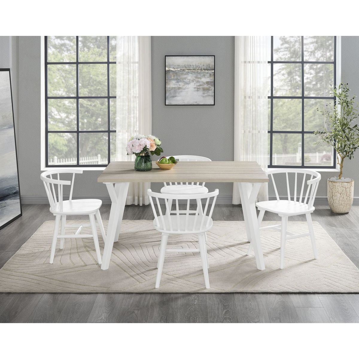 Roundhill Alwynn White and Natural Wood 5-piece Dining Set, Dining Table with 4 Windsor Chairs - Streamdale Furniture