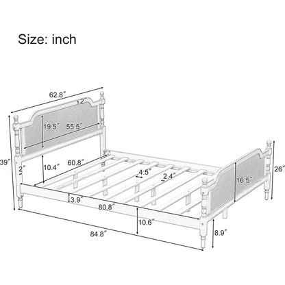 Traditional Style Rattan Queen Size Bed Frame,No Box Spring Needed,Antique Walnut