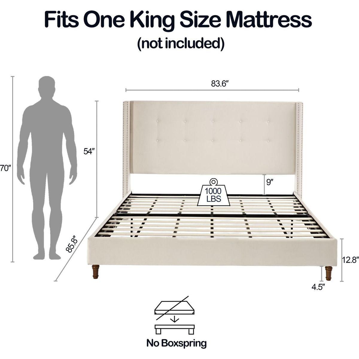 Upholstered King Bed / 54" High Headboard / Traditional Hand Buttoned Tufting / Nailhead Trim Wingback / No Box Spring Needed / Easy Assembly / Ivory Velvet