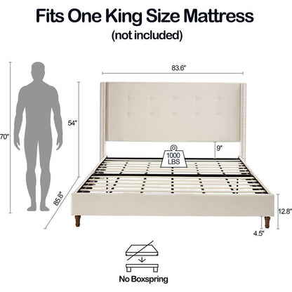 Upholstered King Bed / 54" High Headboard / Traditional Hand Buttoned Tufting / Nailhead Trim Wingback / No Box Spring Needed / Easy Assembly / Ivory Velvet