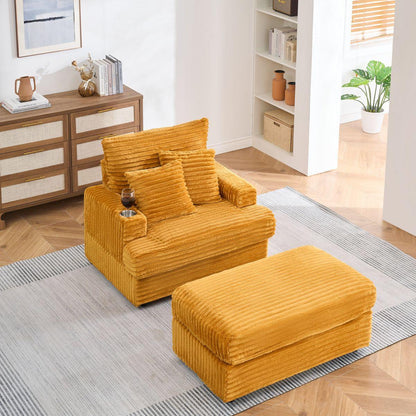 39-inch Spring upholstered armchair and Ottoman set - comfortable single sofa with cup holder and corduroy fabric, perfect for living room or bedroom