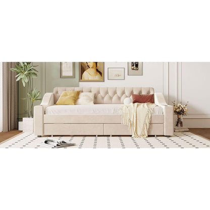 Twin Size Upholstered Daybed with Storage Armrests and USB Port, Beige