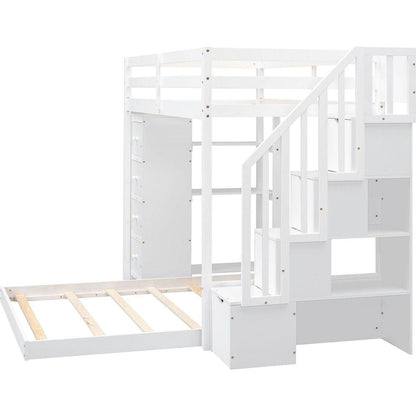 Twin Over Full Bunk Bed with 3-layer Shelves, Drawers and Storage Stairs, White