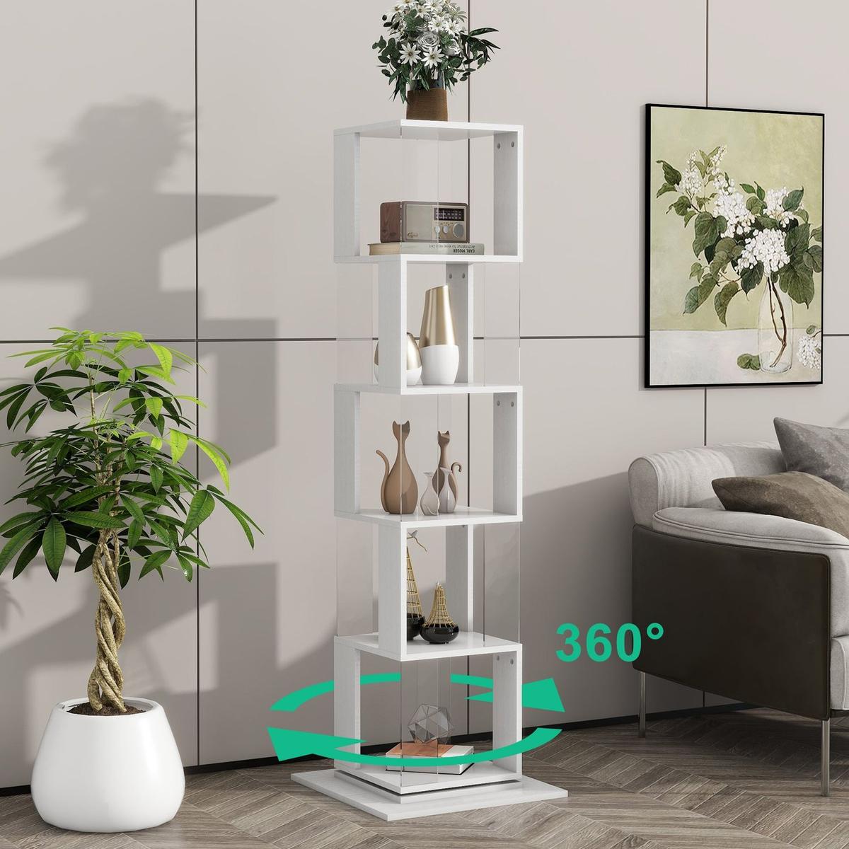 5 tier Rotating Bookshelf, Floor Rack Simple Bookcase with Acrylic plate Student Multi-Function Creative Bookshelf for Living Room with anti-toppling base