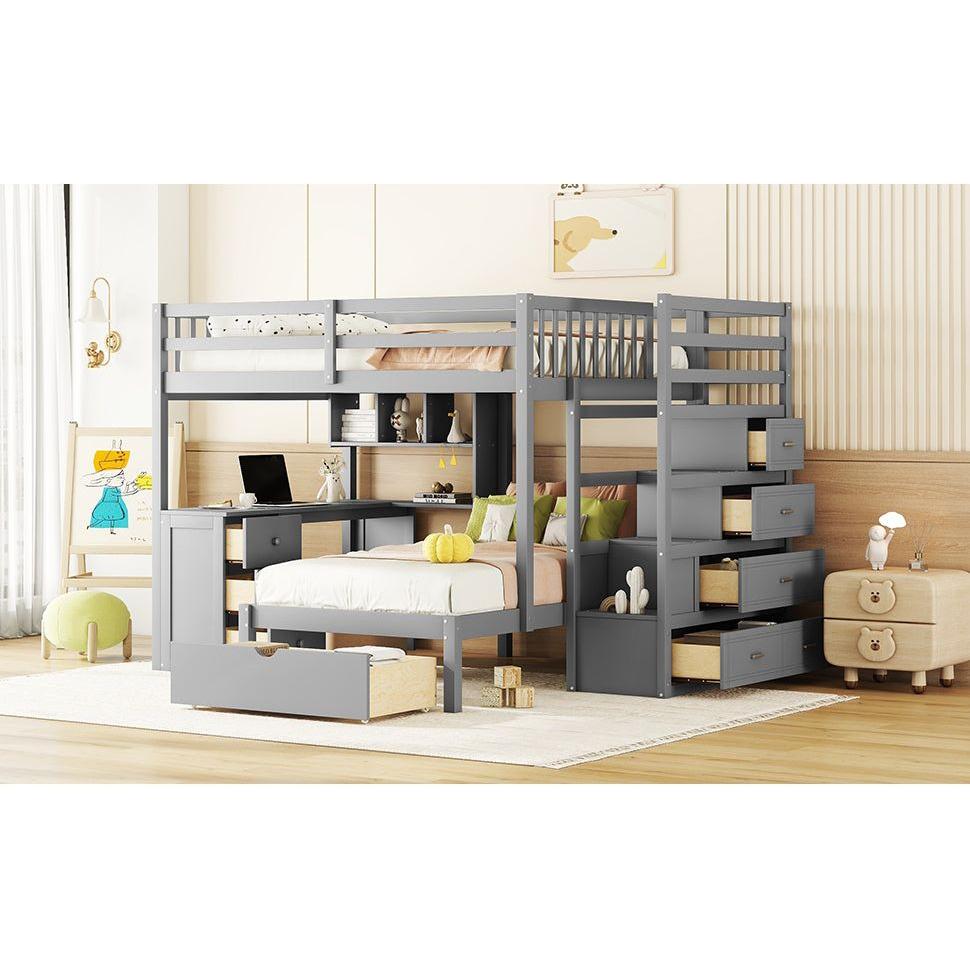 Full Over Twin Bunk Bed with Desk, Drawers and Shelves, Gray