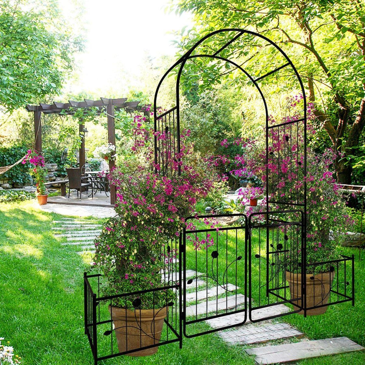 Metal Garden Arch with Gate 79.5" Wide x 86.6" High Climbing Plants Support Rose Arch Outdoor Black