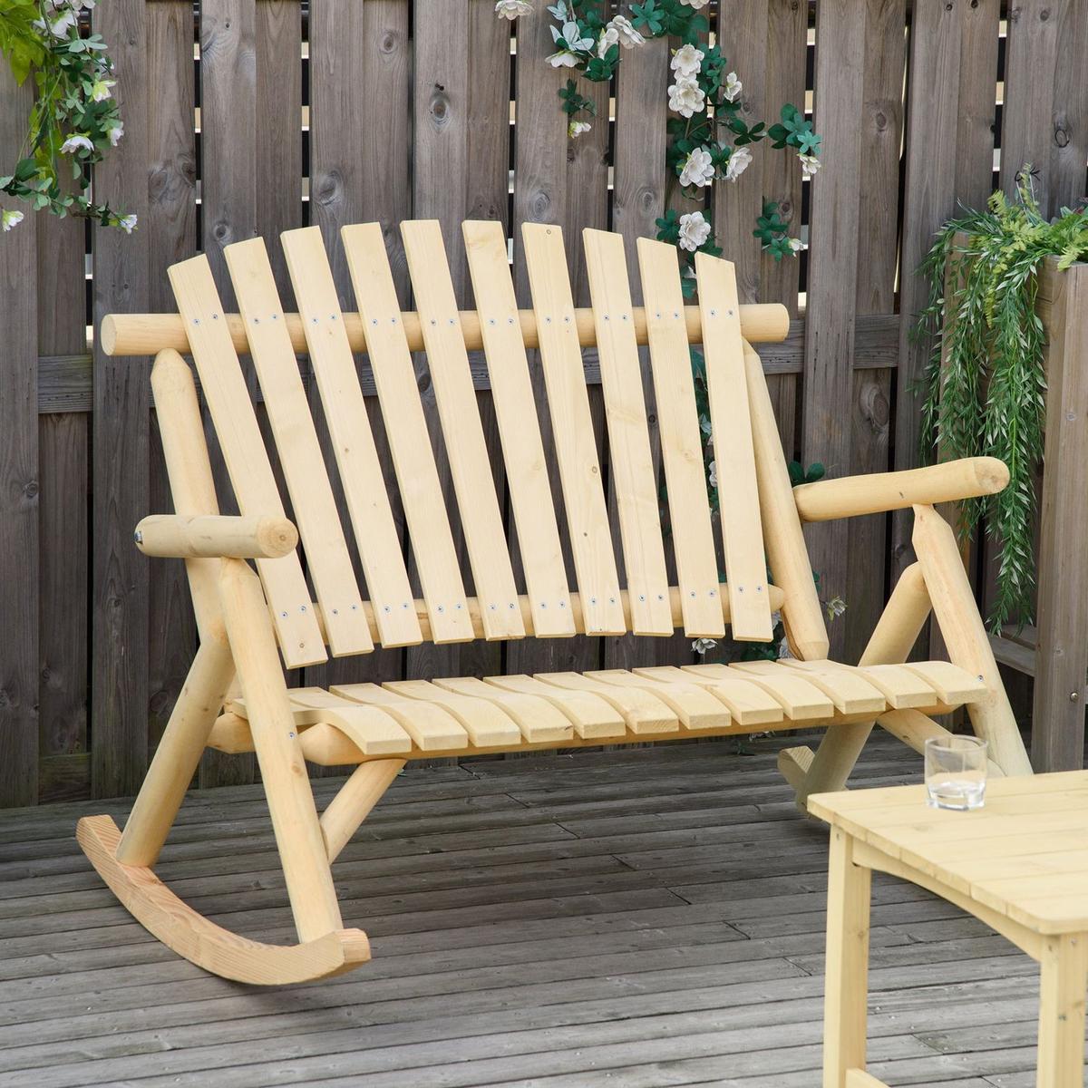 Double Wooden Porch Rocking Bench, Adirondack Porch Rocker Chair, Heavy Duty Loveseat for 2 Persons with High Rise Slatted Seat & Backrest, Smooth Armrests, Natural