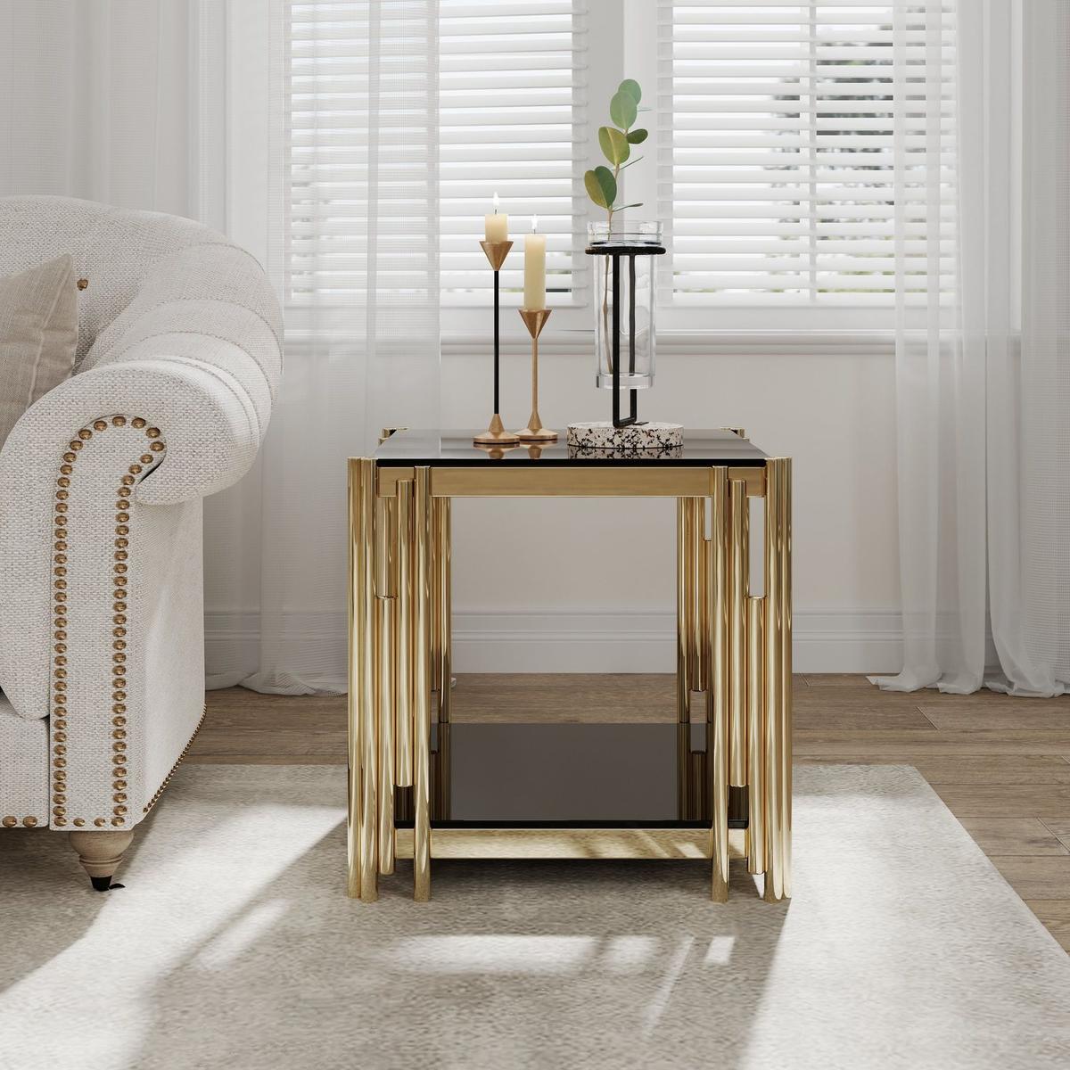 Woker Furniture 20" Wide Square End Table with Black Glass Top, Golden Stainless Steel Tempered Glass End Table for Living Room&Bed Room