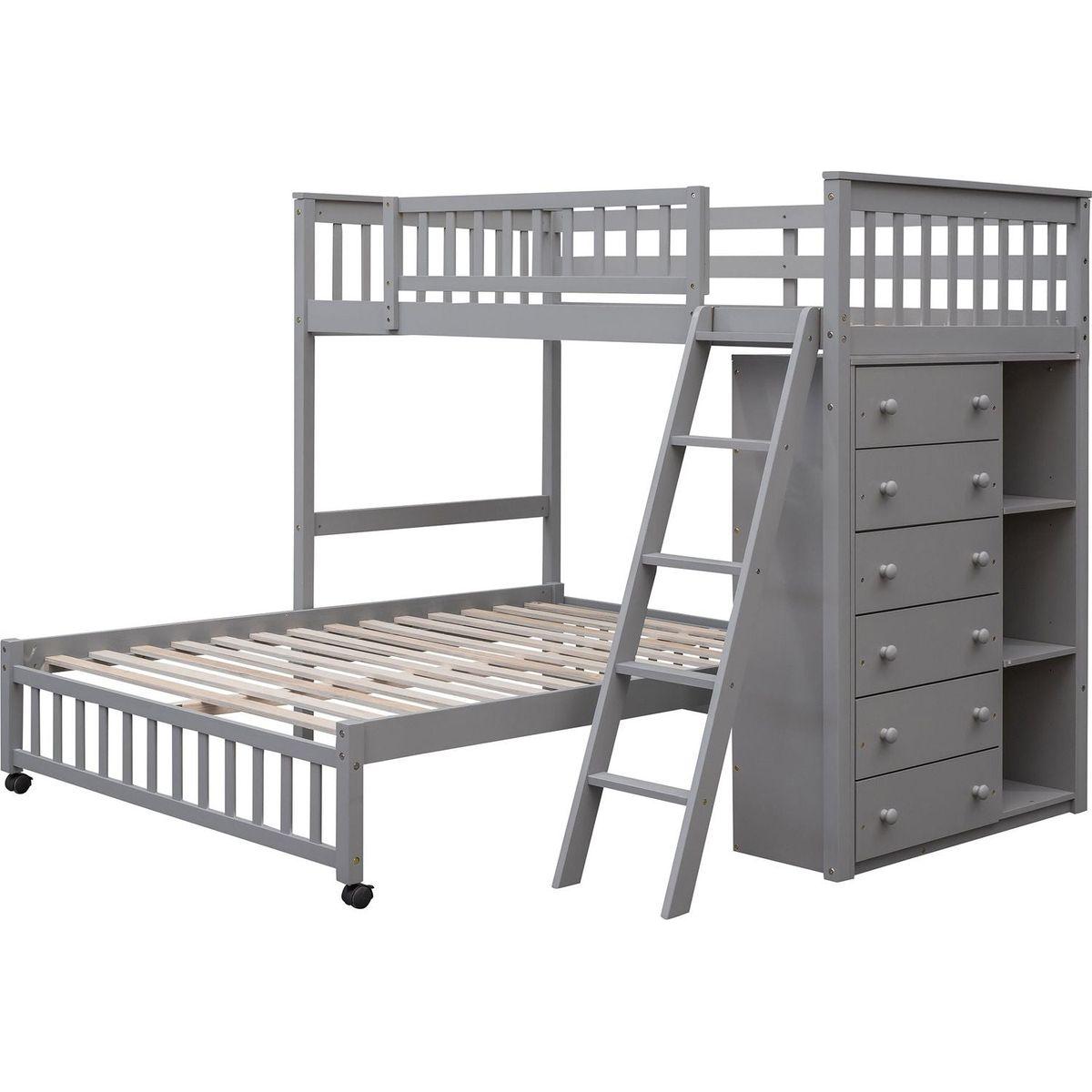 Wooden Twin Over Full Bunk Bed With Six Drawers And Flexible Shelves,Bottom Bed With Wheels,Gray