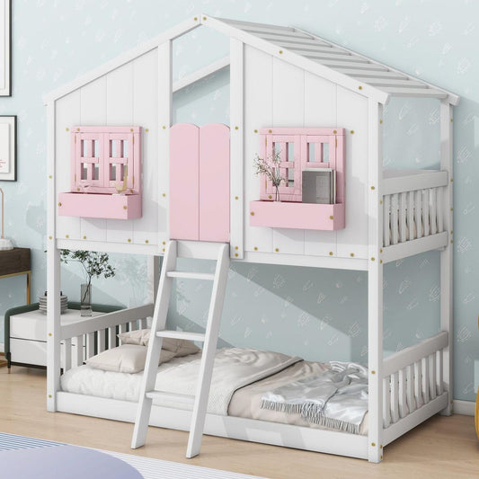 Twin over Twin House Bunk Bed with Roof, Window, Window Box, Door, with Safety Guardrails and Ladder, Pink/White