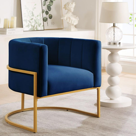 Upholstered Velvet Accent Chair with Golden Metal Stand,Mid-Century Living Room Leisure Chair with Curve Backrest -Navy